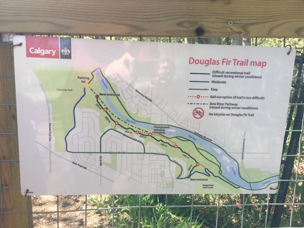 Map of the Douglas Fir Trail in Edworthy Park in Calgary.