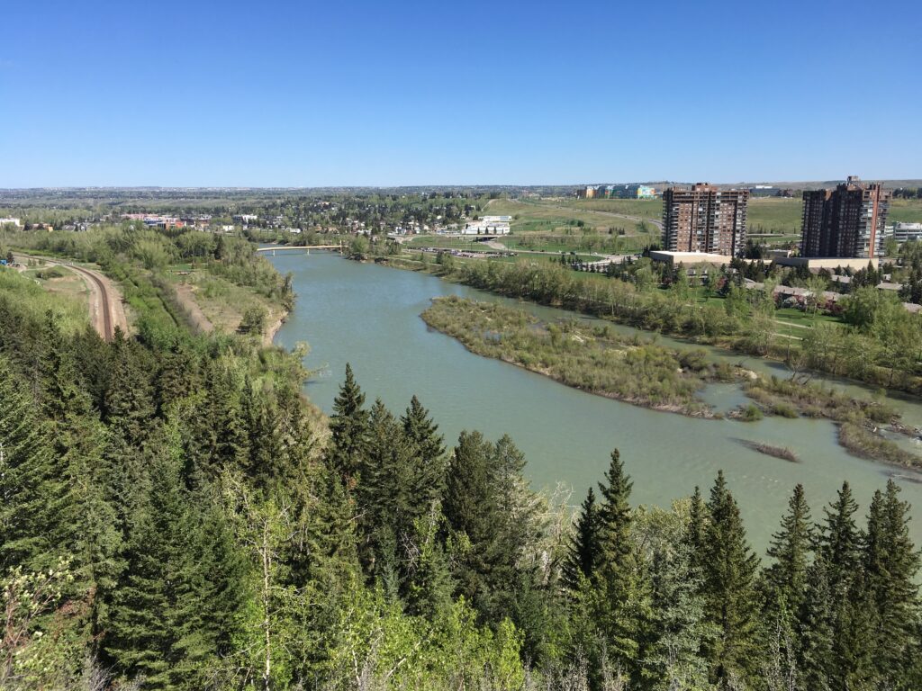 View of Bow River from Douglas Fir Trail in Calgary.