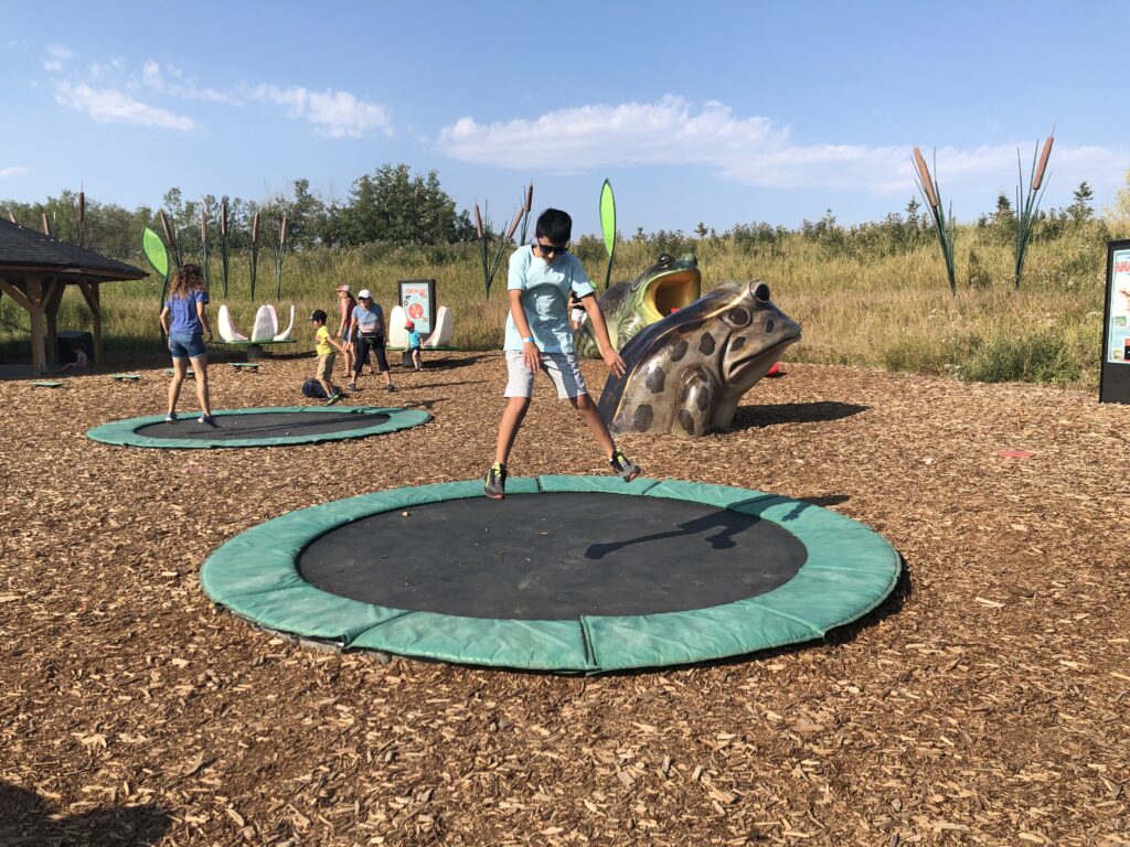 Boy jumping on trampoline at Granary Road outside Calgary.