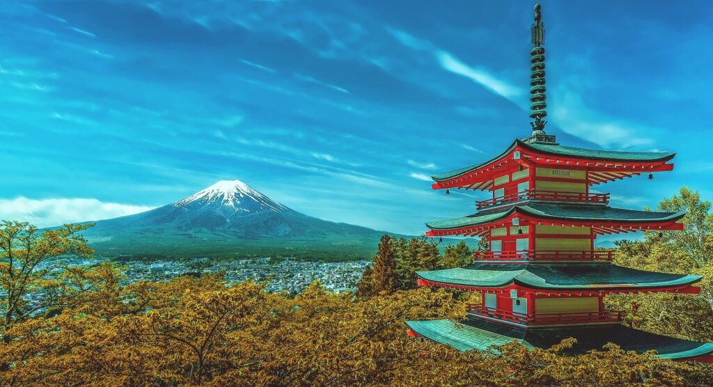 Pagoda overlooking Mount Fuji in Japan.