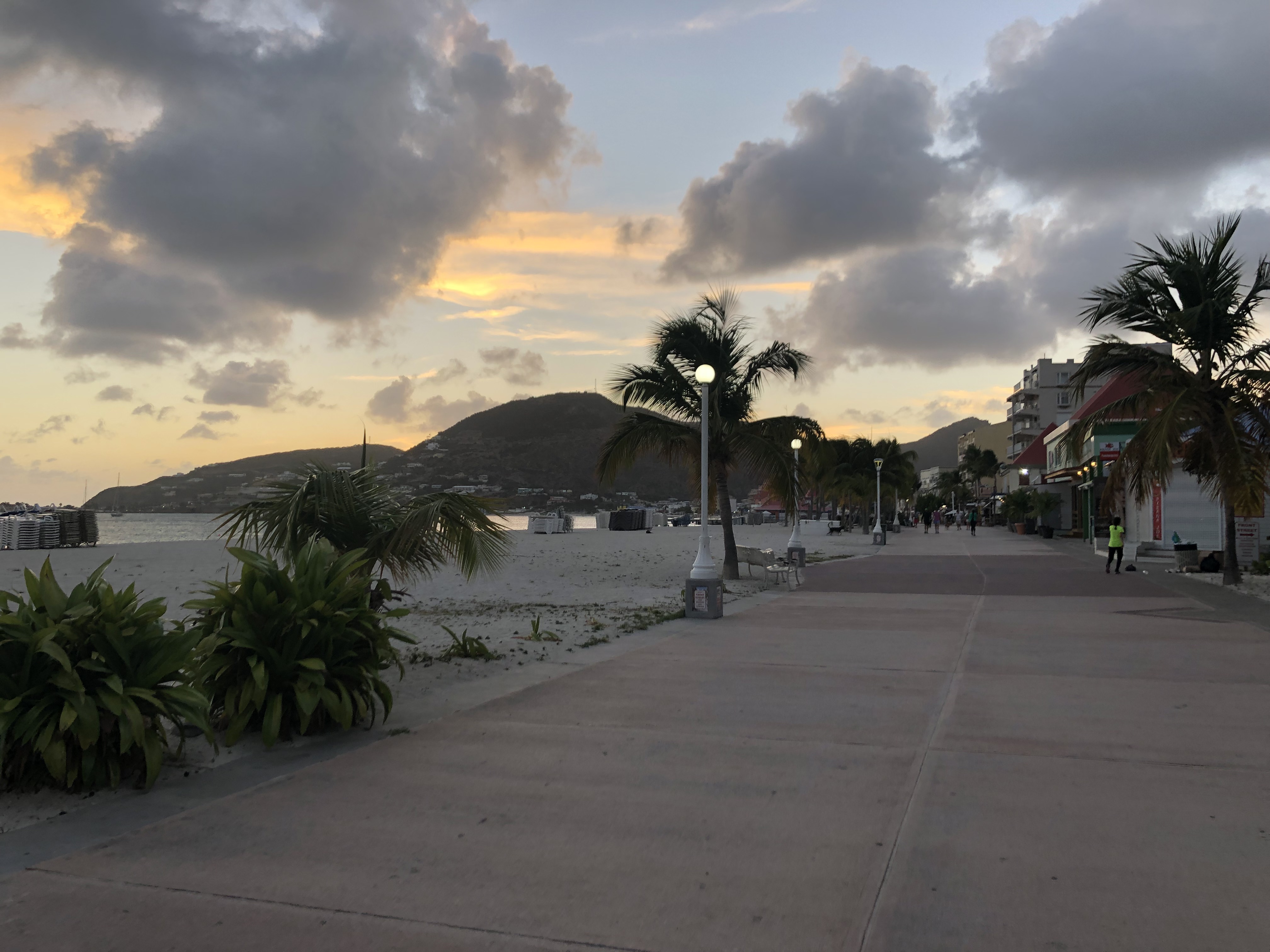 Sun setting on Philipsburg Boardwalk on St. Maarten.