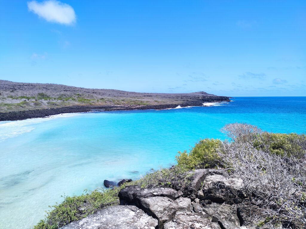 Turquoise ocean water reaching to cobalt water between two outreaches of land.