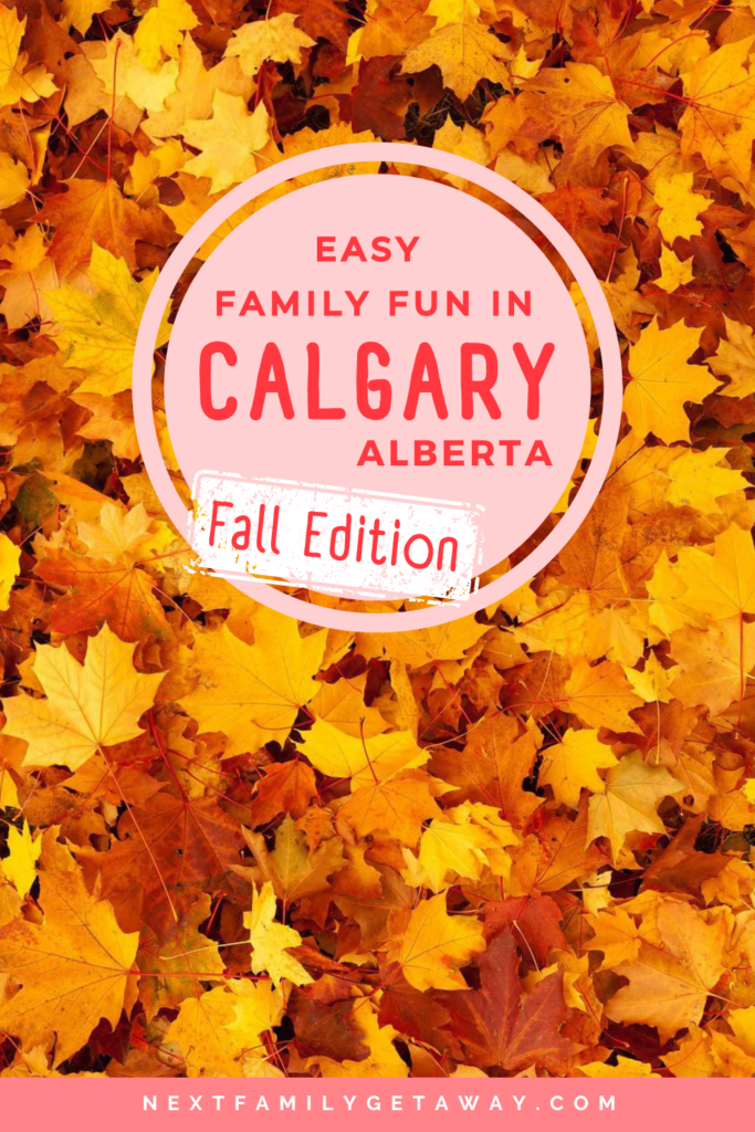 A bed of orange fall leaves with text overlay about family fun in Calgary.