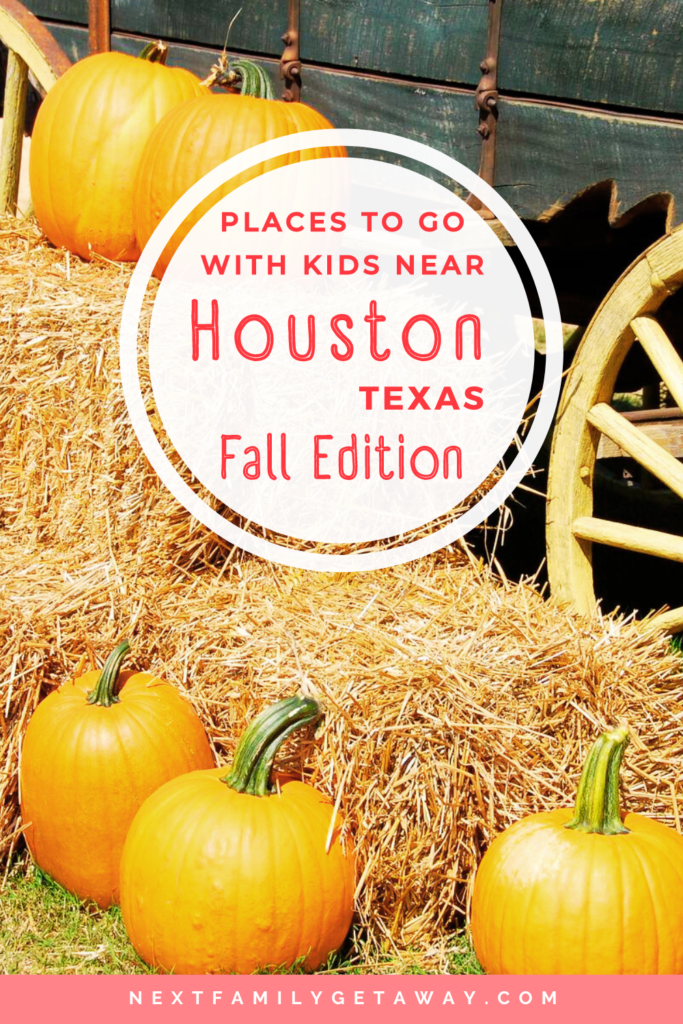 Pumpkins stacked on hay bales with a text list of places to go with kids in Houston.