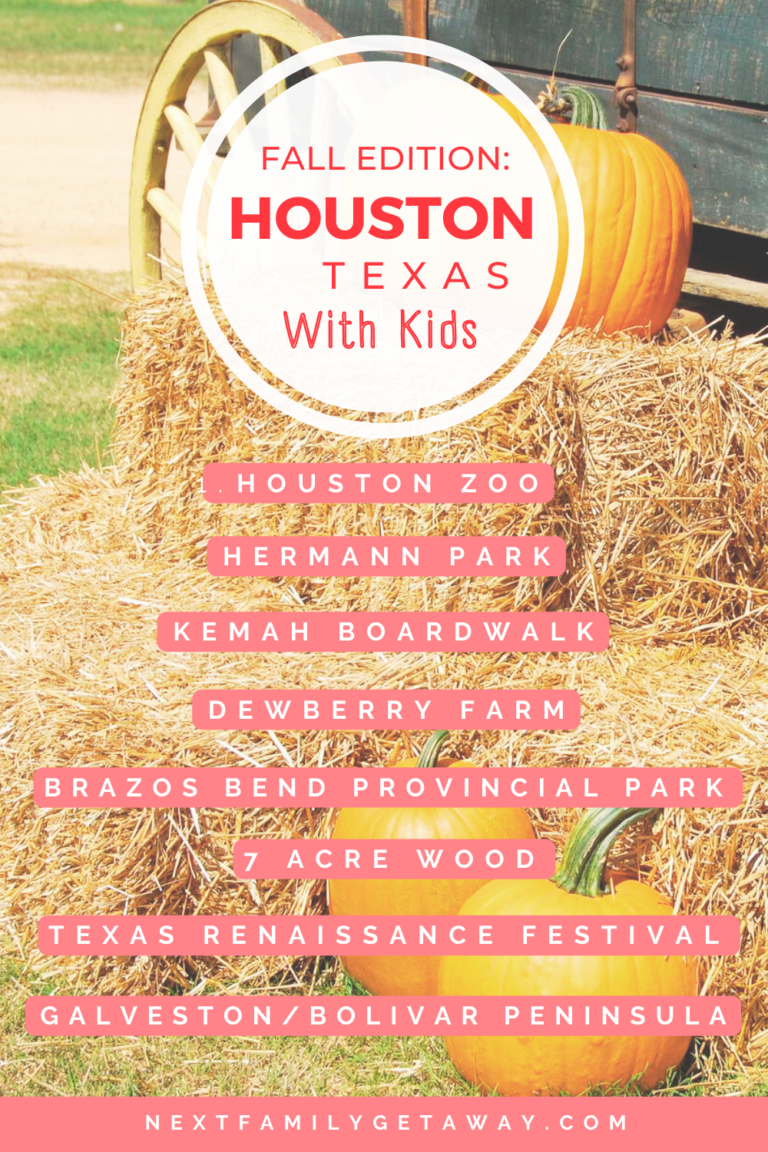 Pumpkins stacked on hay bales with a text list of places to go with kids in Houston.