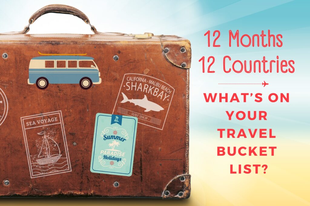 Suitcase with travel stickers and text overly asking about what's on your travel bucket list.