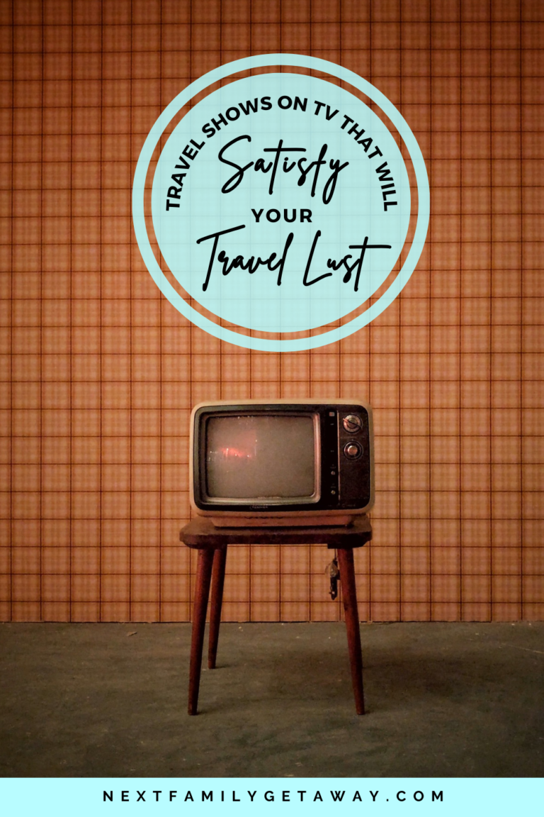 Retro TV on stand with text overlay about travel shows on TV to watch.