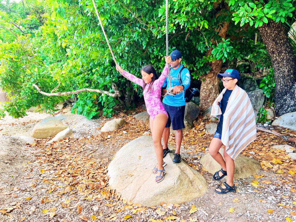 Girl on swing hanging from rope attached to trees over rocks and sand on beach.