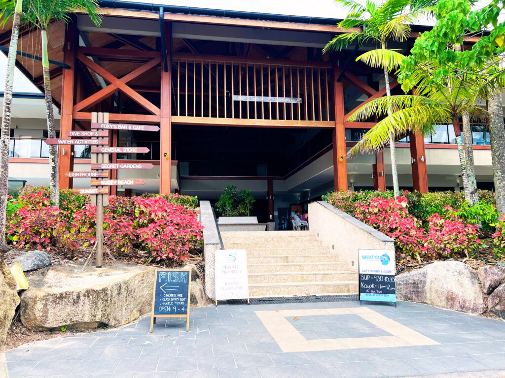 Concrete steps leading up into resort entrance.