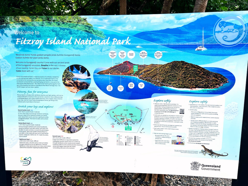 Close up of informational board with map information you might need on a day trip to Fitzroy Island.