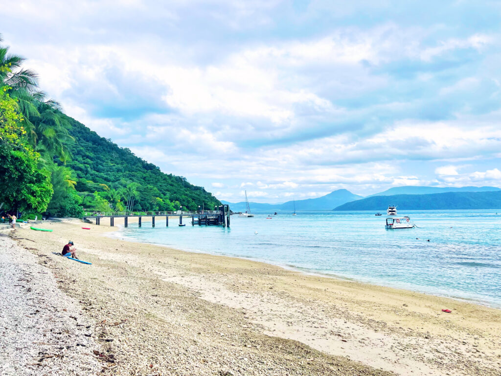 Green hill behind beach along the sea with dock stretching into water.