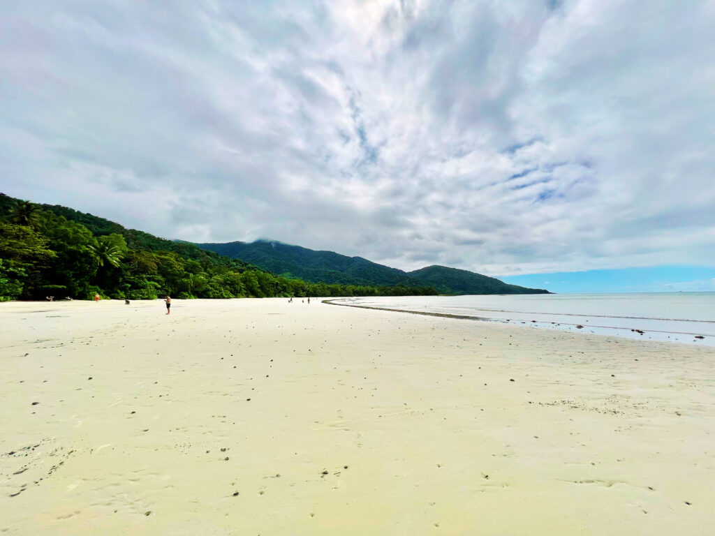 Wide, sandy beach with rainforest on left and sea on right.