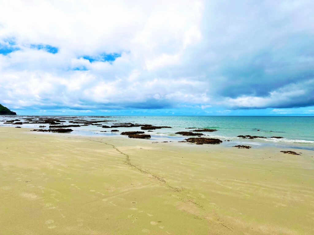 Beach with dark rocks along ocean edge.