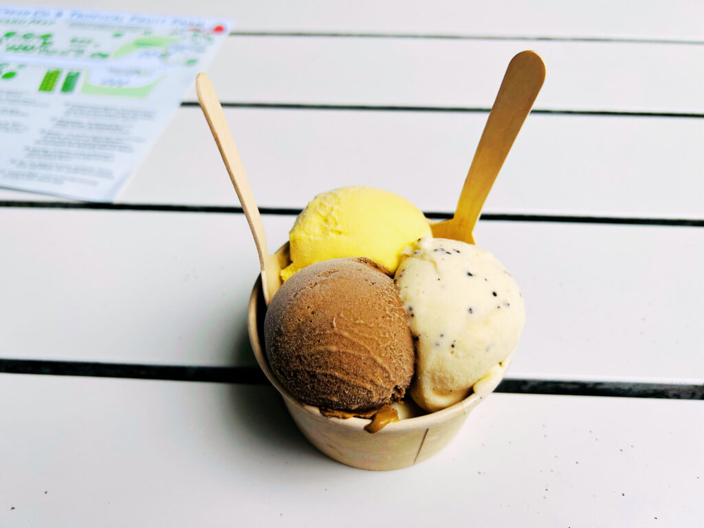 Three scoops of ice cream in a bowl on a table.