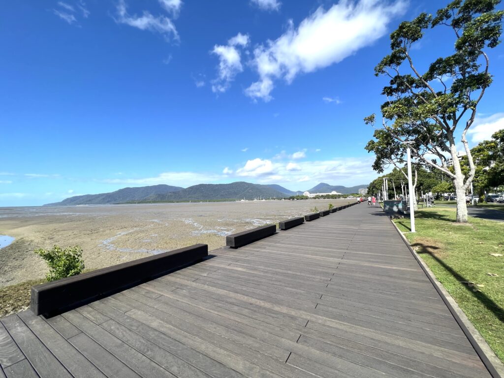 Long wooden boardwalk beneath murky water and grass in Cairns, a place for a stroll on your 5 days in Tropical North Queensland trip.