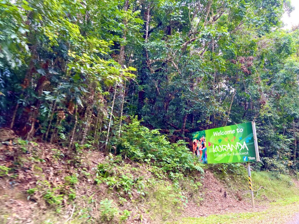 Sign on side of the road with thick rainforest in background.