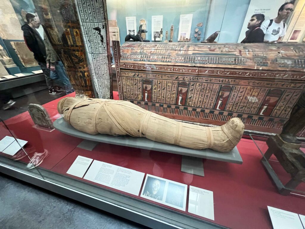 A display case housing a wrapped mummy in the British Museum.