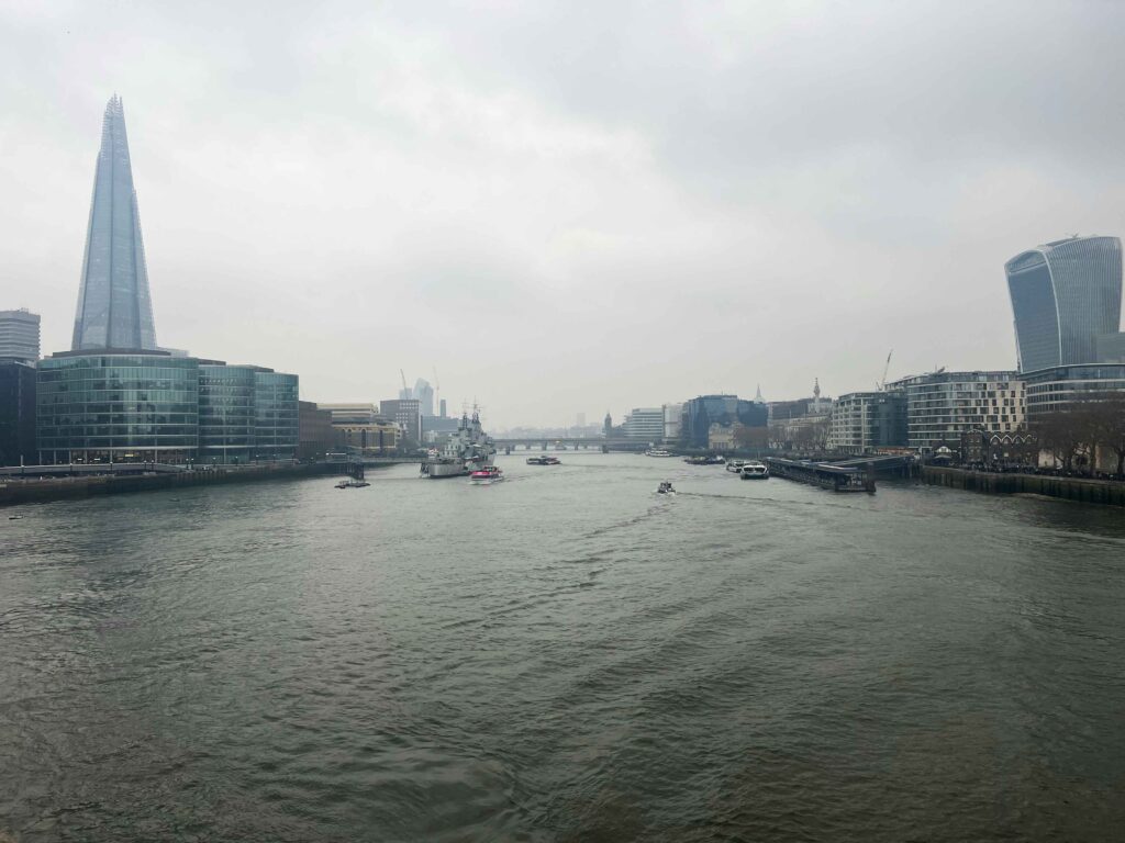 View of the Thames River towards London Bridge and surrounding areas in Central London.