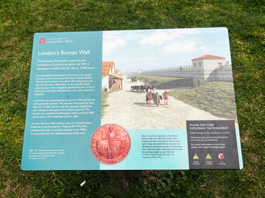 Display sign explaining the history of a Roman wall in London.