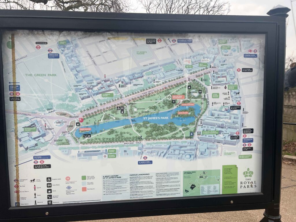A display case with a map of St. James's Park in London.