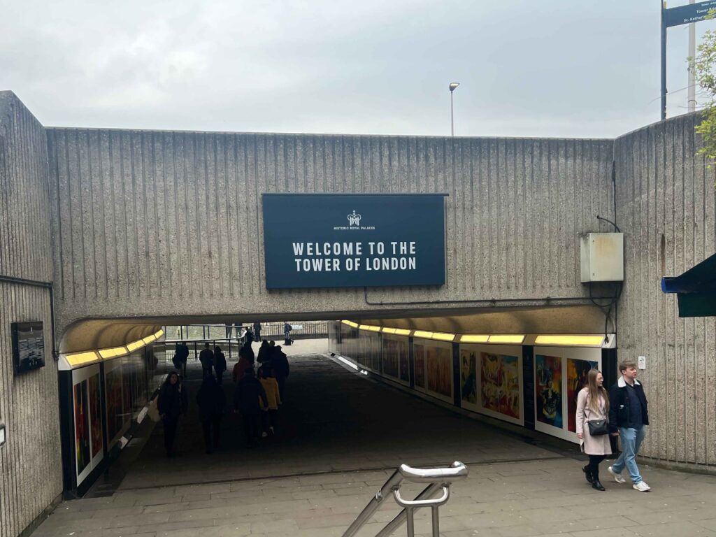 Underground walkway that passes beneath a street on the way to the Tower of London.