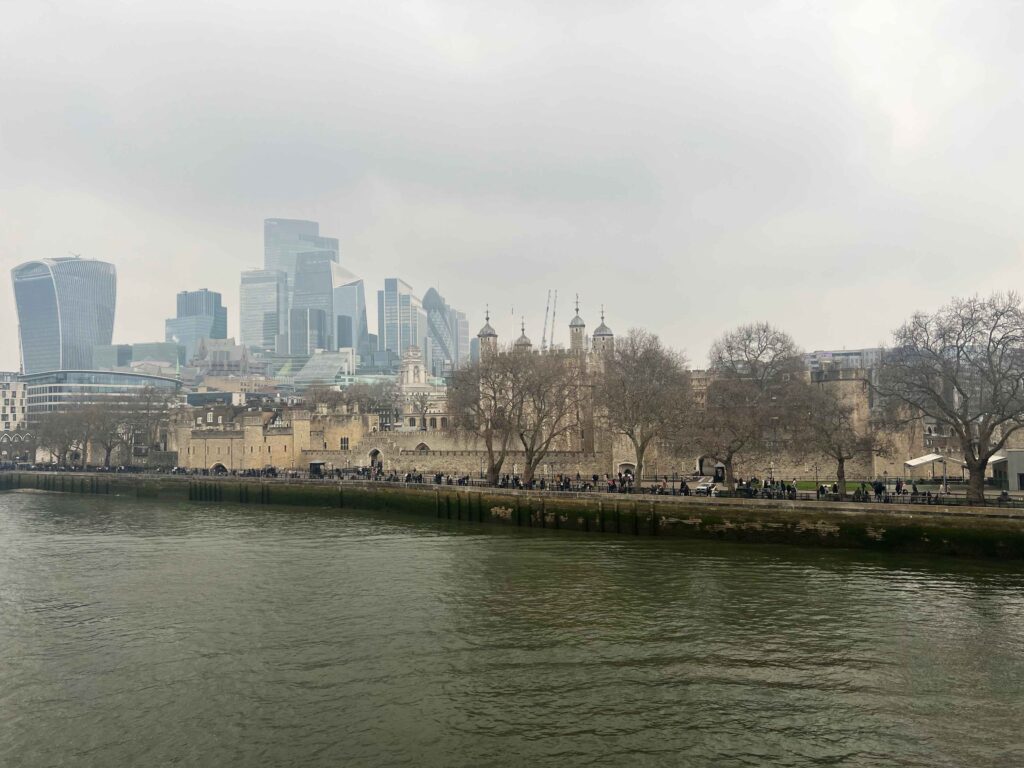 The complex of the Tower of London as seen from across the River Thames.