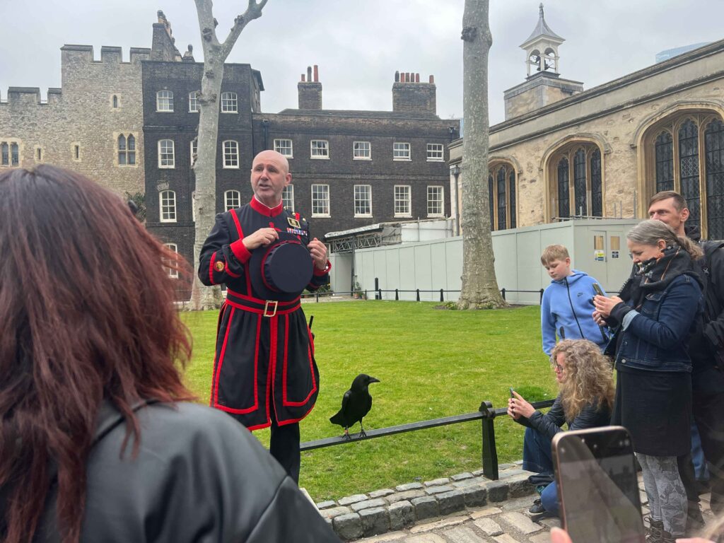 Man dressed in red and black giving tour commentary at the Tower  of London with a black raven sitting next to him.