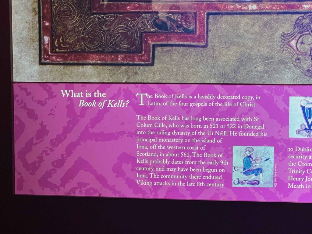 Illuminated sign with description of the Book of Kells.