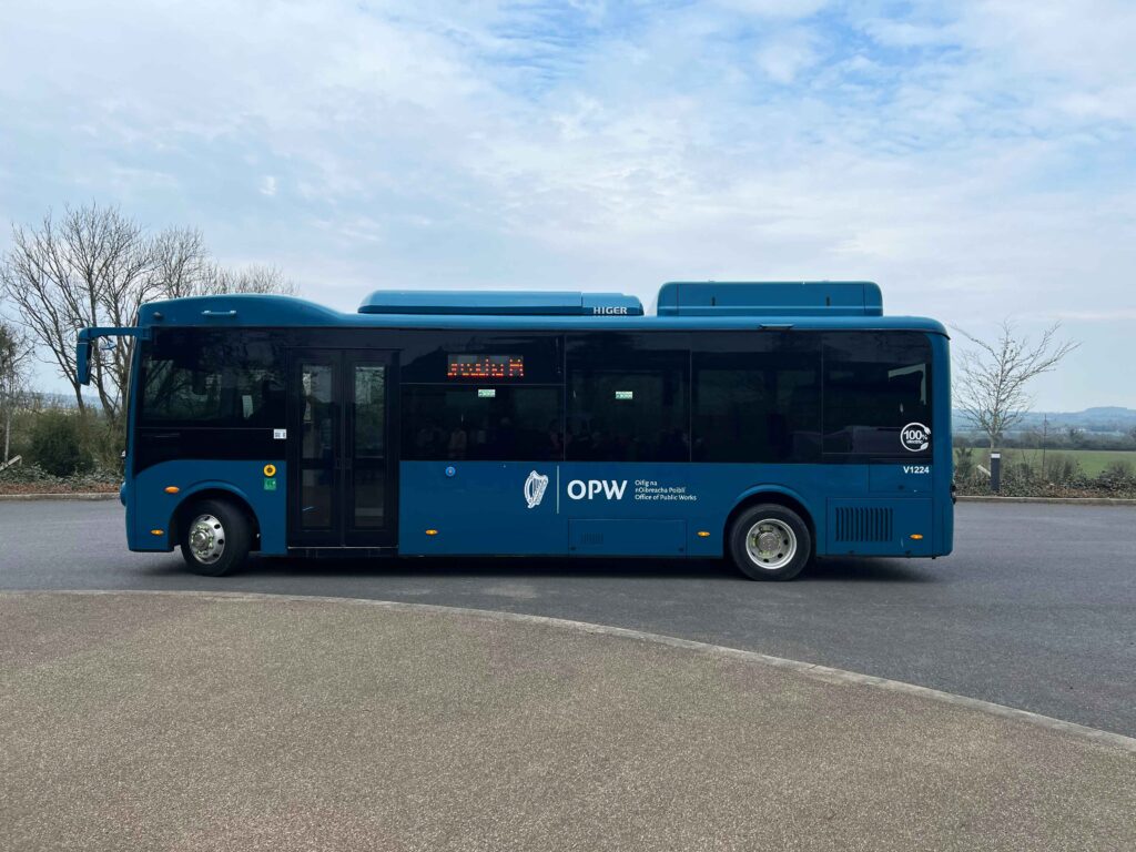 Blue shuttle bus parked on road.