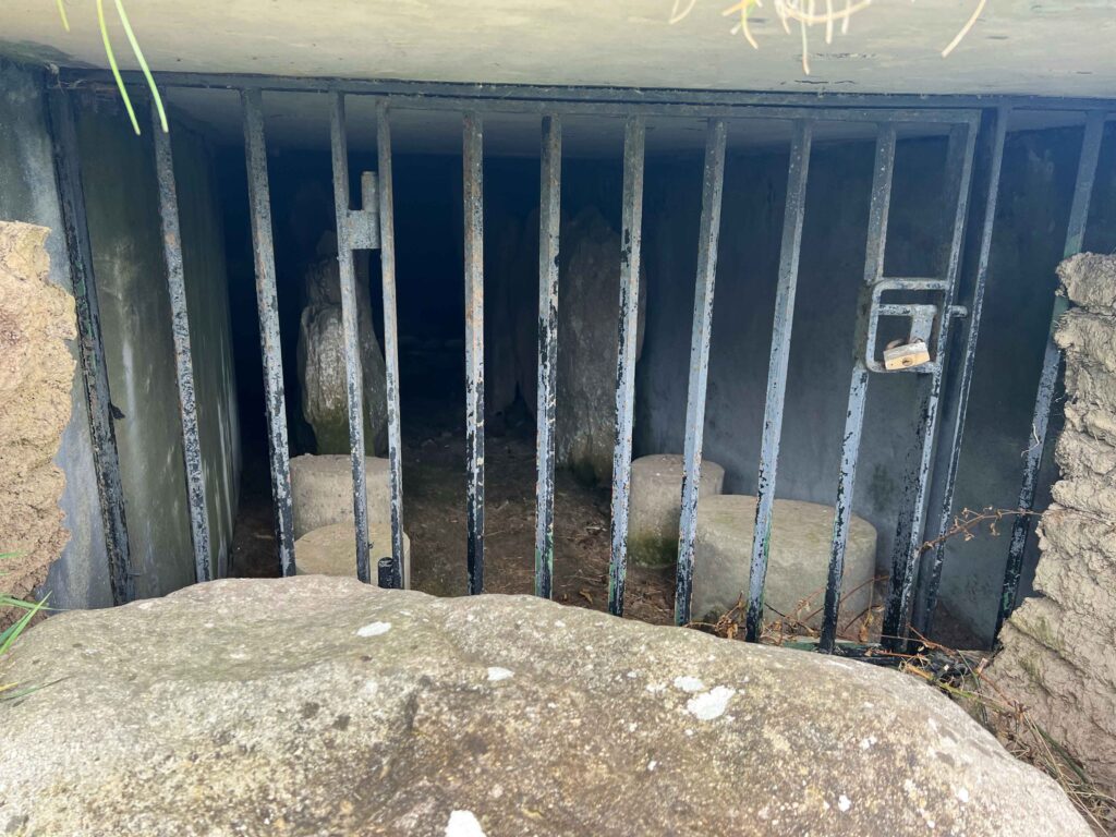 Metal bars blocking the entrance to a cave.