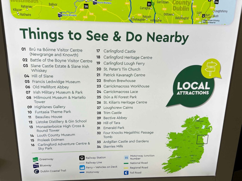 Sign with bullet list of things to do in part of Ireland.