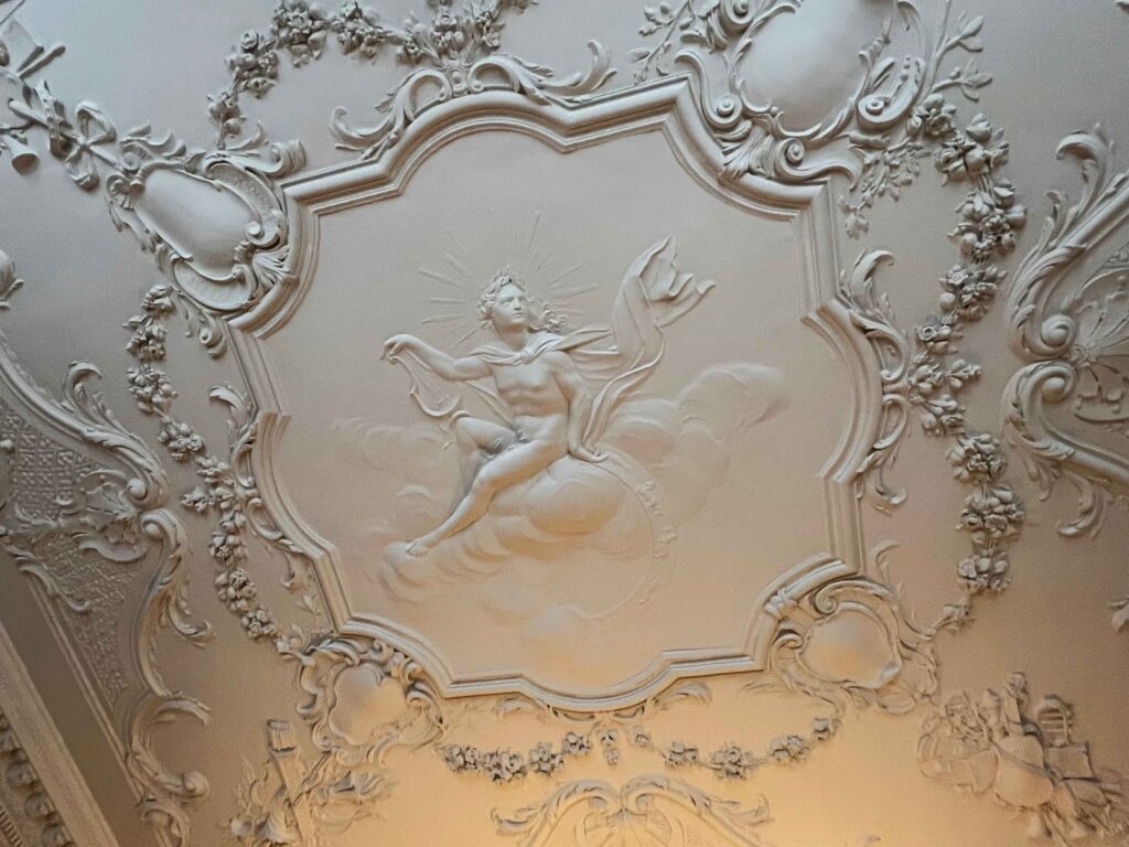 Carving etched into an ornate ceiling.