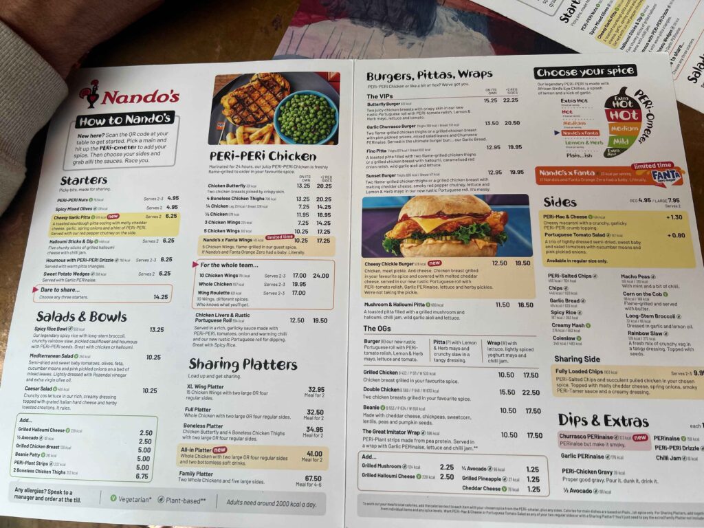 A menu for Nando's restaurant in Dublin where you can eat on a stopover in Ireland.