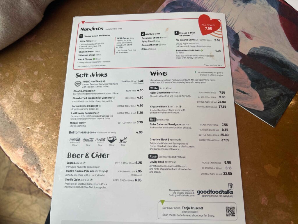 A drinks menu for Nando's restaurant in Dublin where you can eat on a stopover in Ireland.