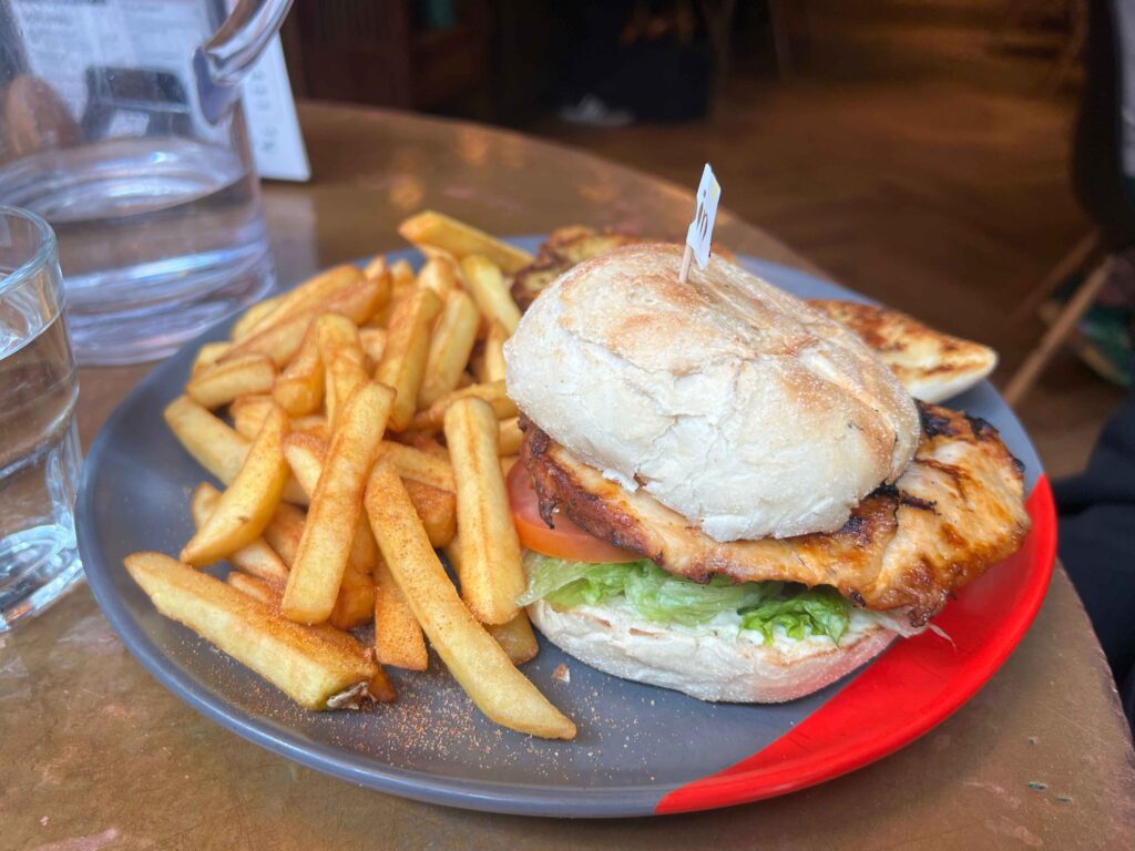 Plate with chicken burger and fries.