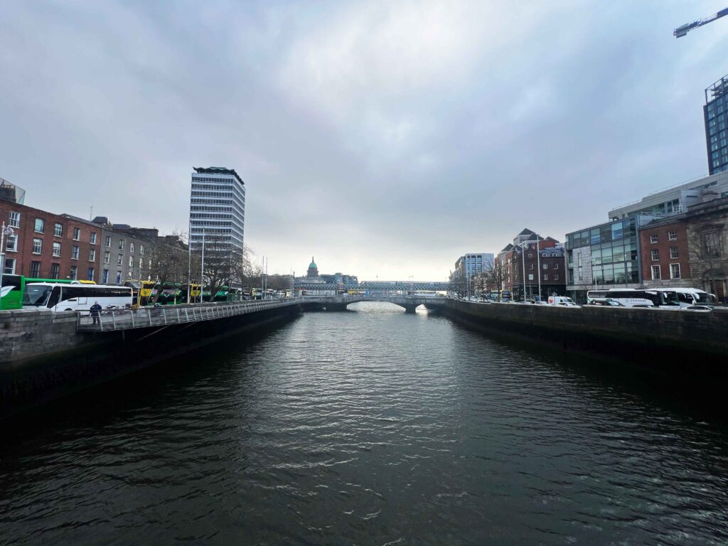 Looking from a bridge down River Liffey in Dublin.