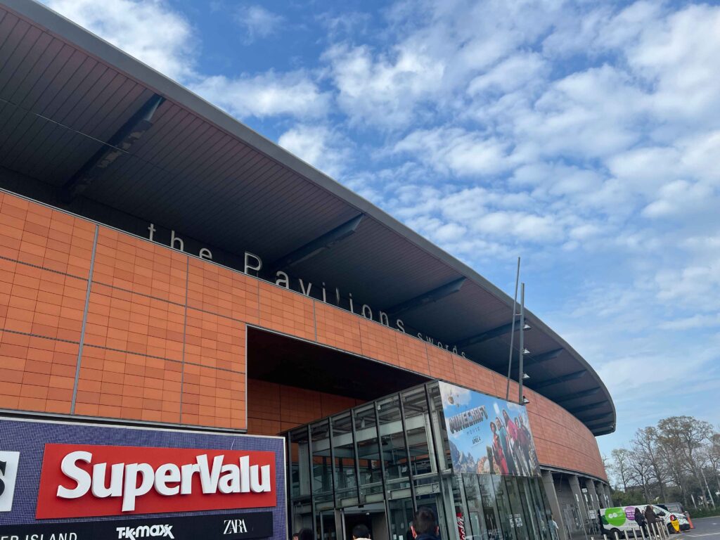 Red building of a shopping mall.