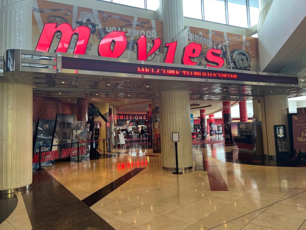 Entrance to a movie theatre in a mall.