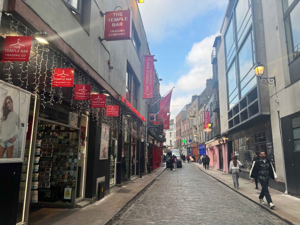 Cobbled street in Temple Bar district in Dublin.