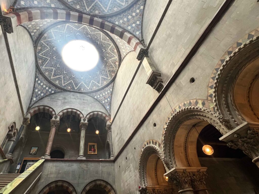 Looking up at the intricate arched ceiling inside a historic building on a stopover in Ireland.